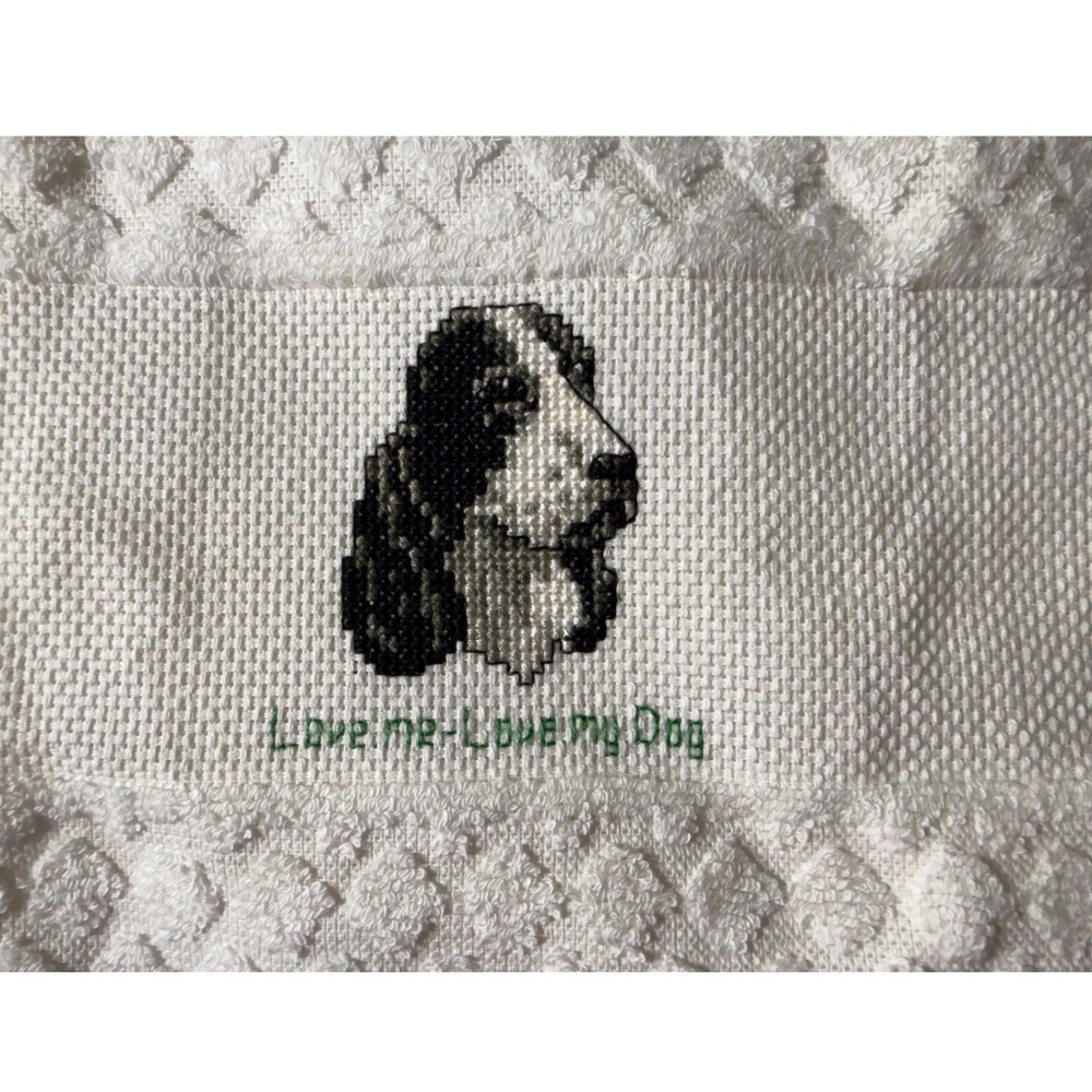 Charles Craft White Cotton Hand Towel Cross Stitch Spaniel Dog 16x23